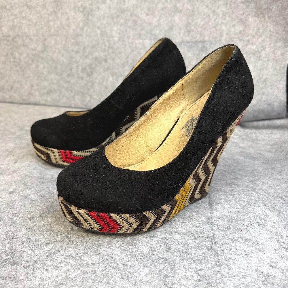 DKDK Fashion Wisdom-Black Faux Suede Aztec/SW Embroidered Platform Wedge Heels